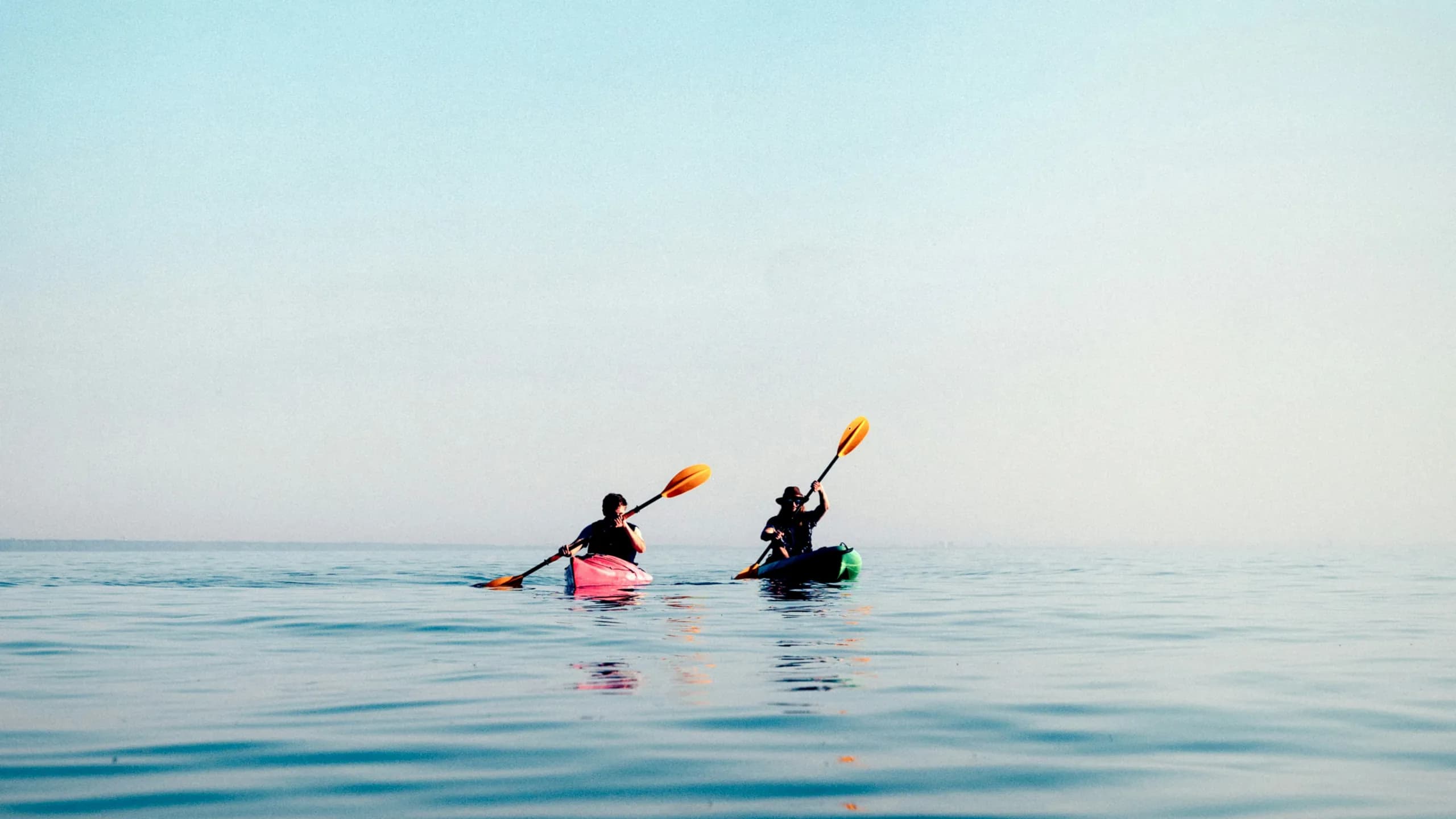 Two kayakers paddling on calm open water